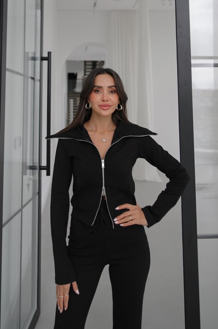 Siyah Zipper Geniş Yaka Çift Fermuarlı Eşofman Takım