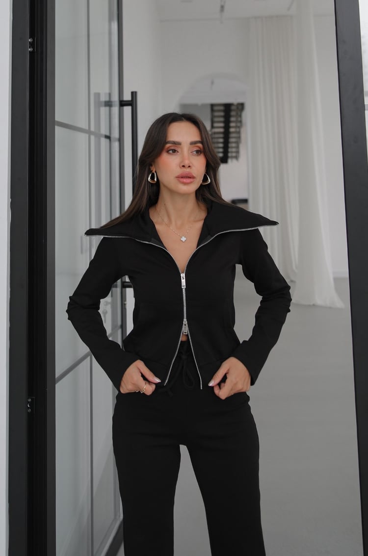 Siyah Zipper Geniş Yaka Çift Fermuarlı Eşofman Takım
