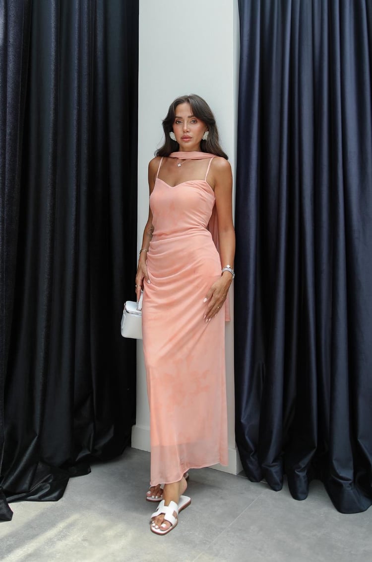 Somon Şallı Astarlı Tül Elbise