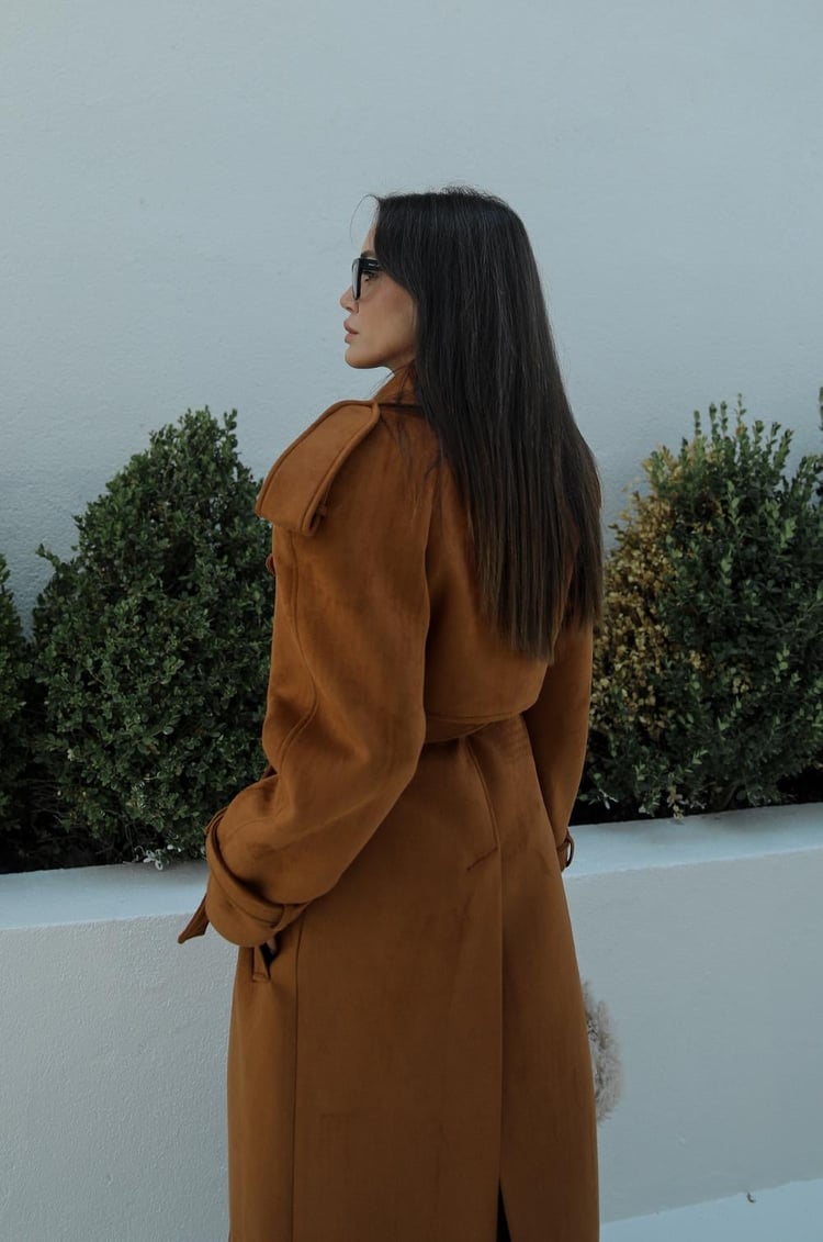 Taba Kuşaklı Premium Süet Kaban
