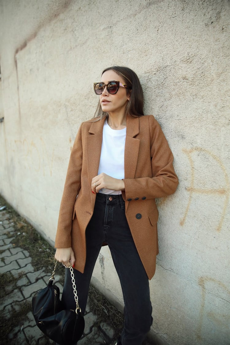 Taba Tek Düğmeli Blazer Ceket