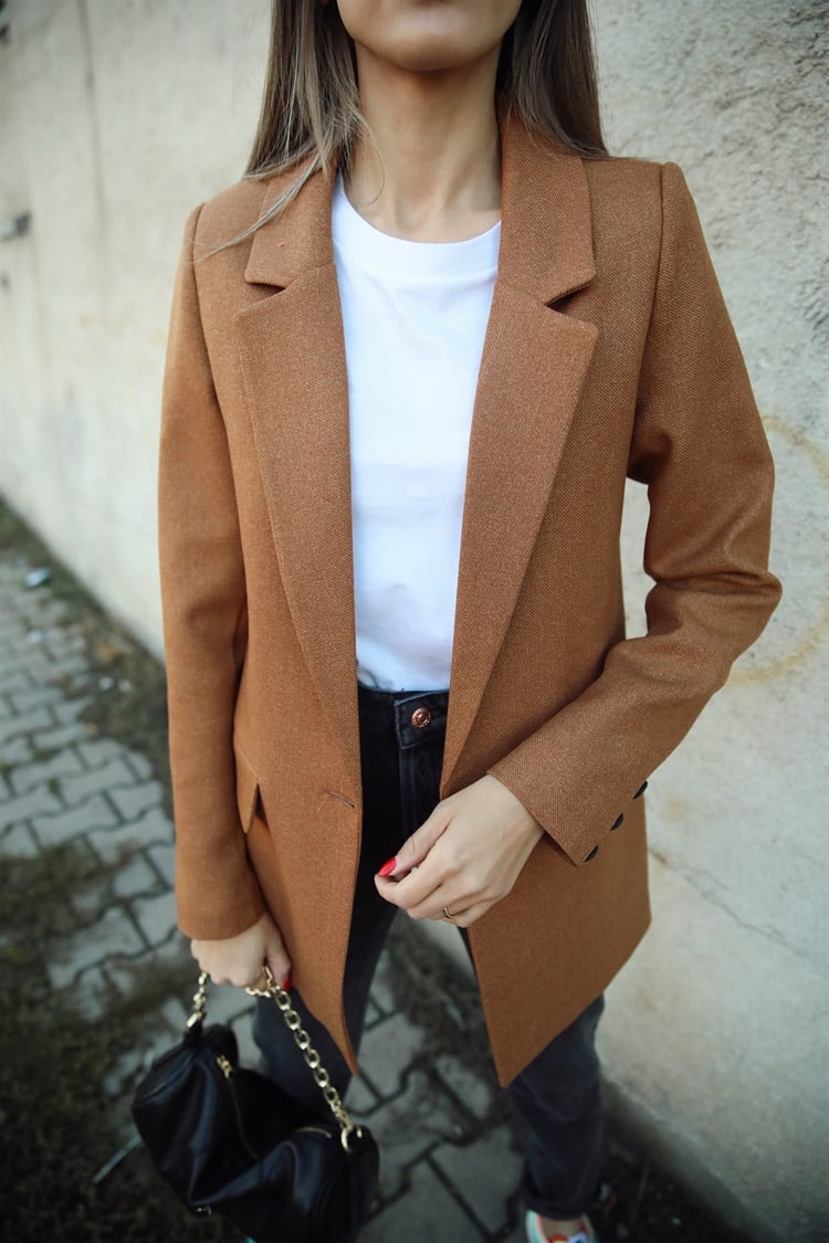 Taba Tek Düğmeli Blazer Ceket