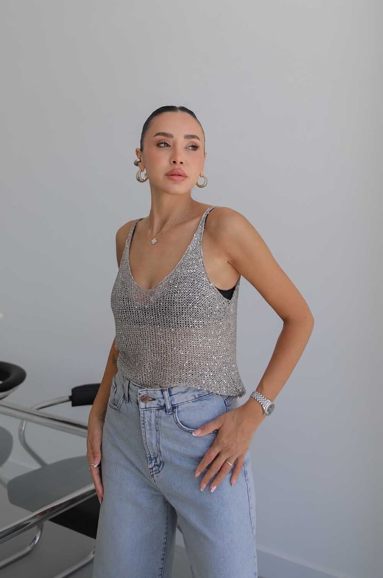 Taş Rengi Askılı Pullu Triko Bluz