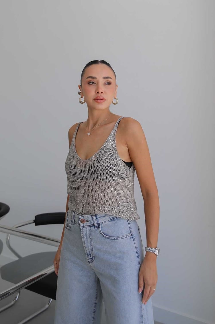 Taş Rengi Askılı Pullu Triko Bluz