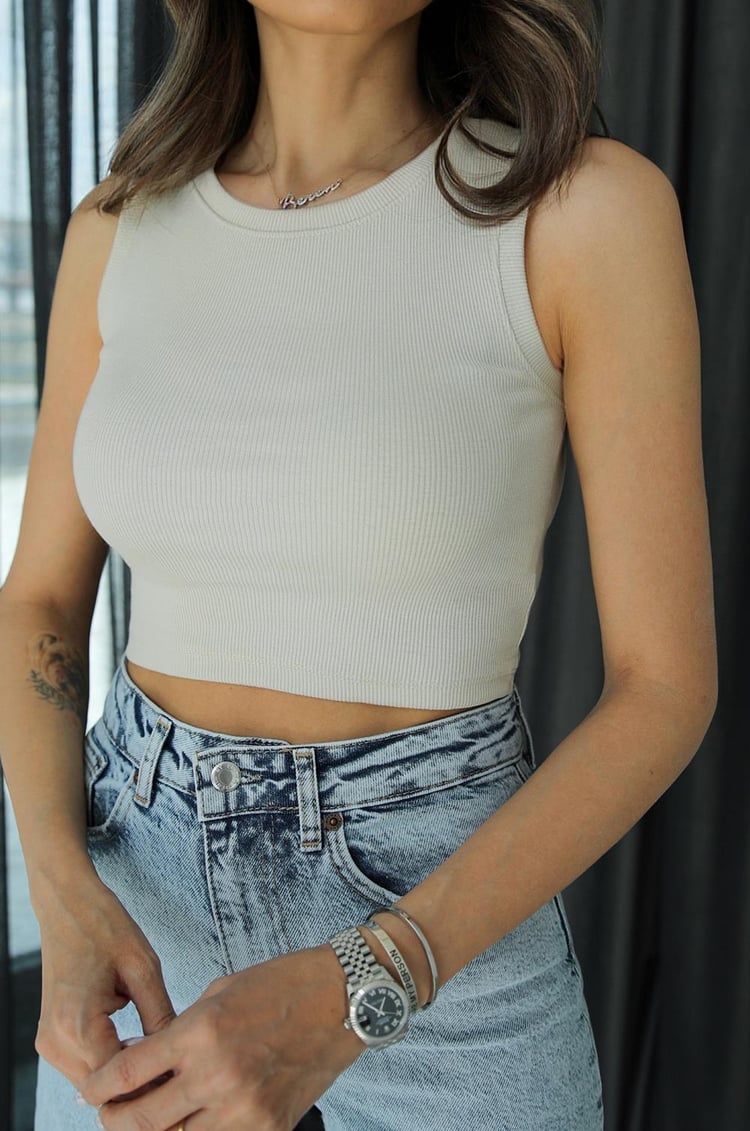 Taş Rengi Basic Fitilli Crop