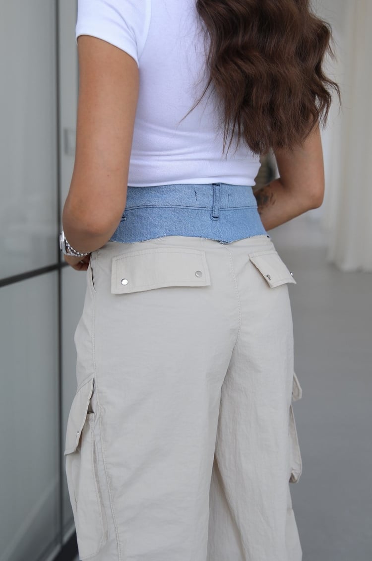 Taş Rengi Denim Detaylı Paraşüt Pantolon