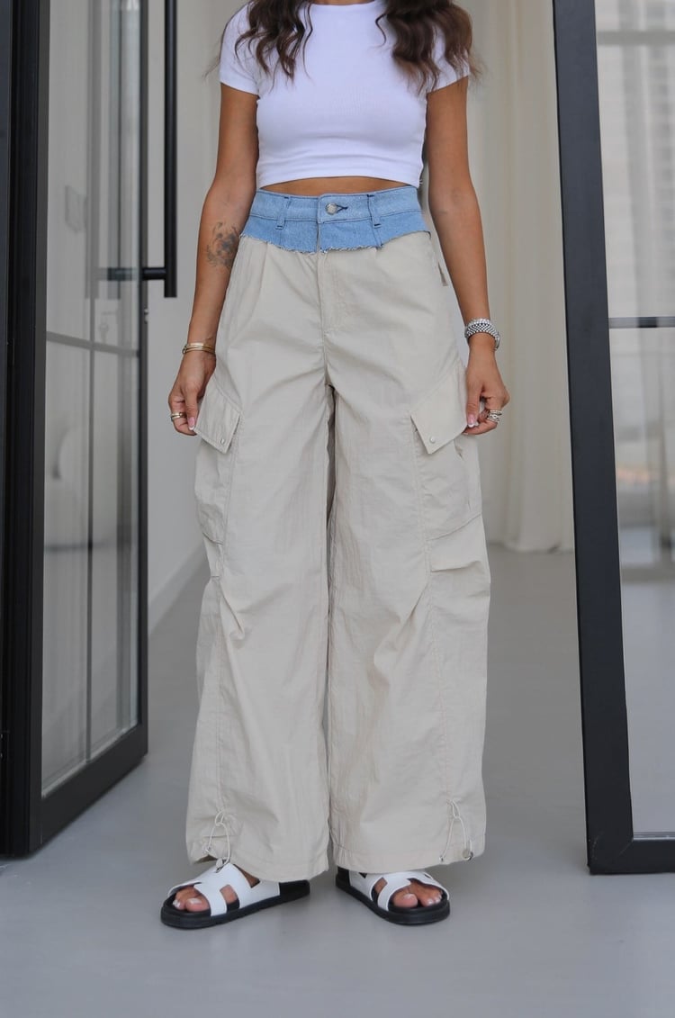 Taş Rengi Denim Detaylı Paraşüt Pantolon