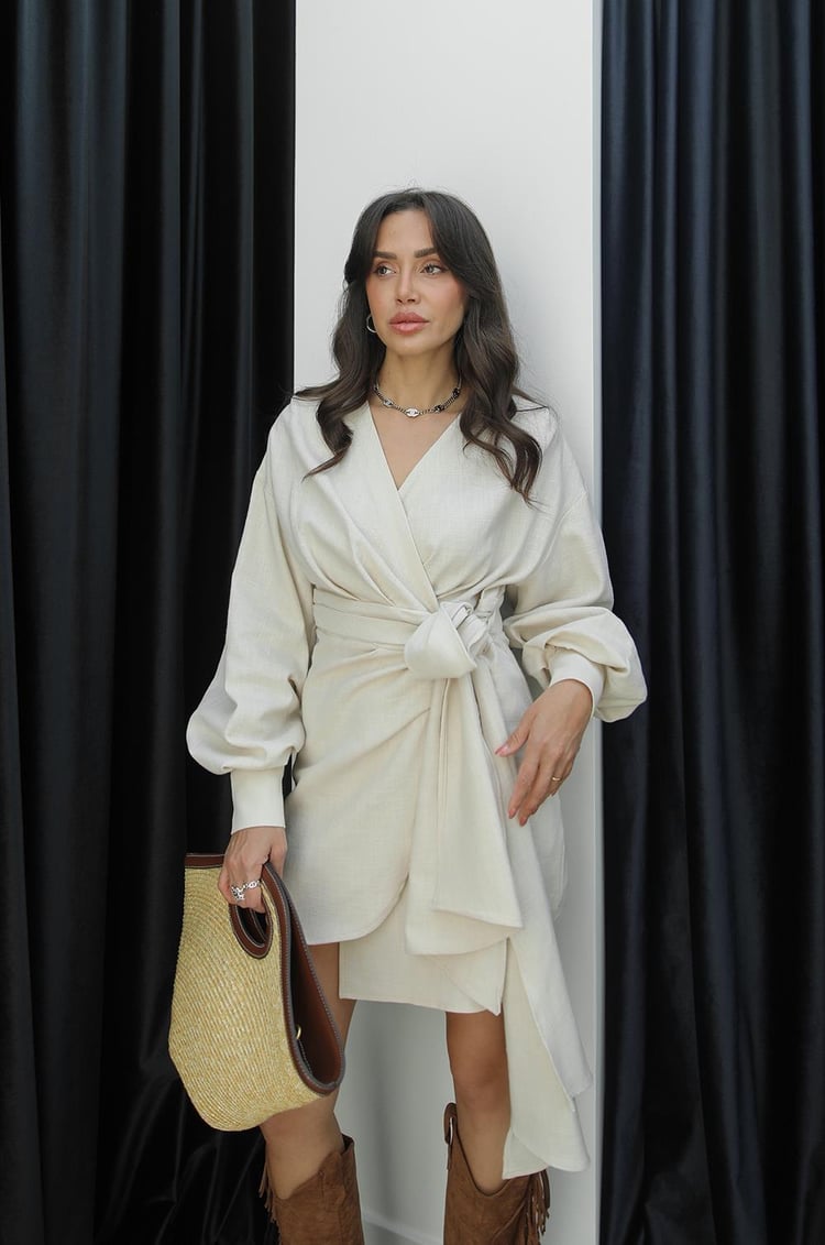 Taş Rengi Fier Anvelop Bağlamalı Elbise