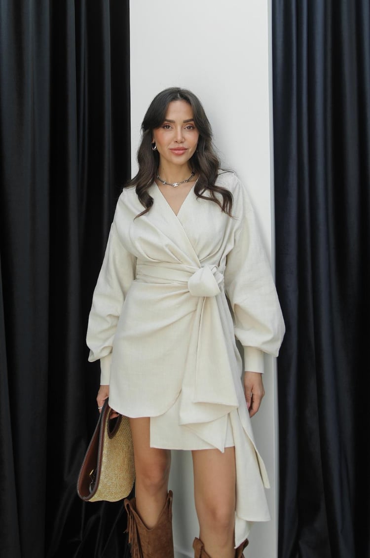 Taş Rengi Fier Anvelop Bağlamalı Elbise