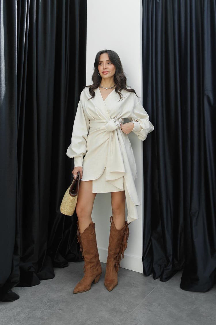 Taş Rengi Fier Anvelop Bağlamalı Elbise