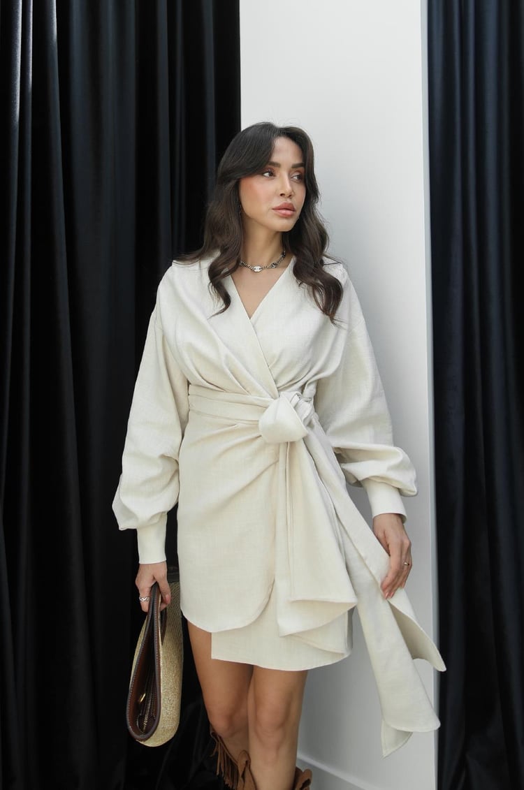 Taş Rengi Fier Anvelop Bağlamalı Elbise