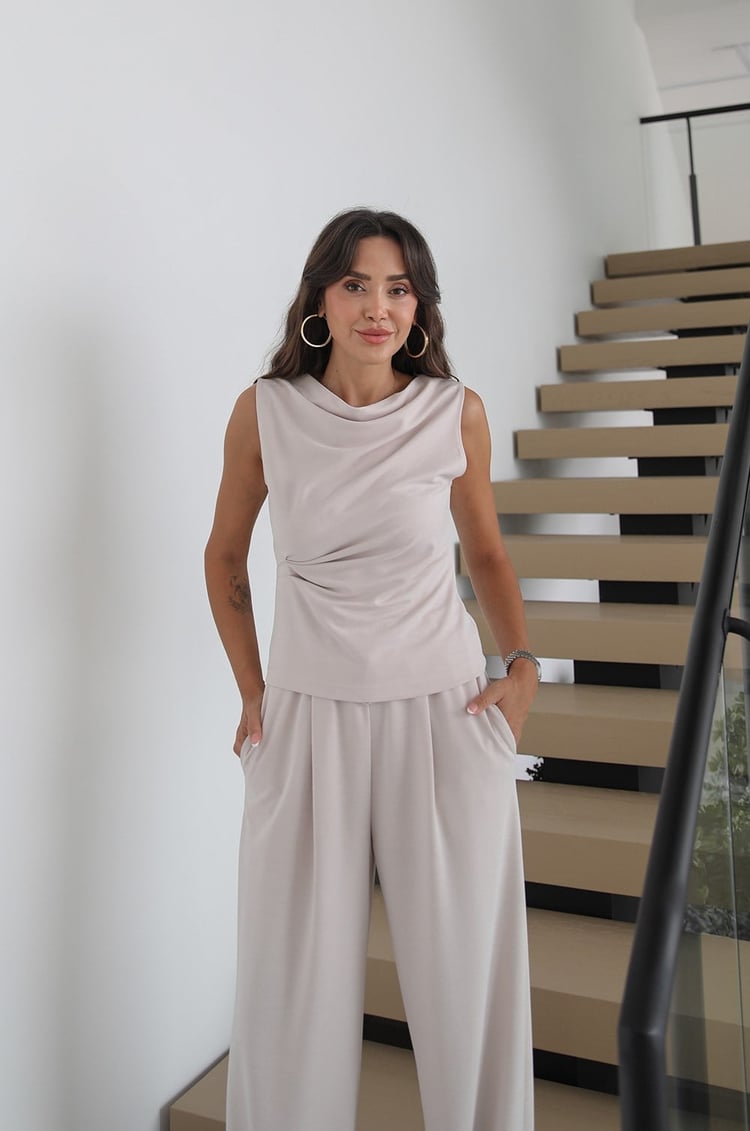 Taş Rengi Ön Drapeli Bluz Pantolon Takım