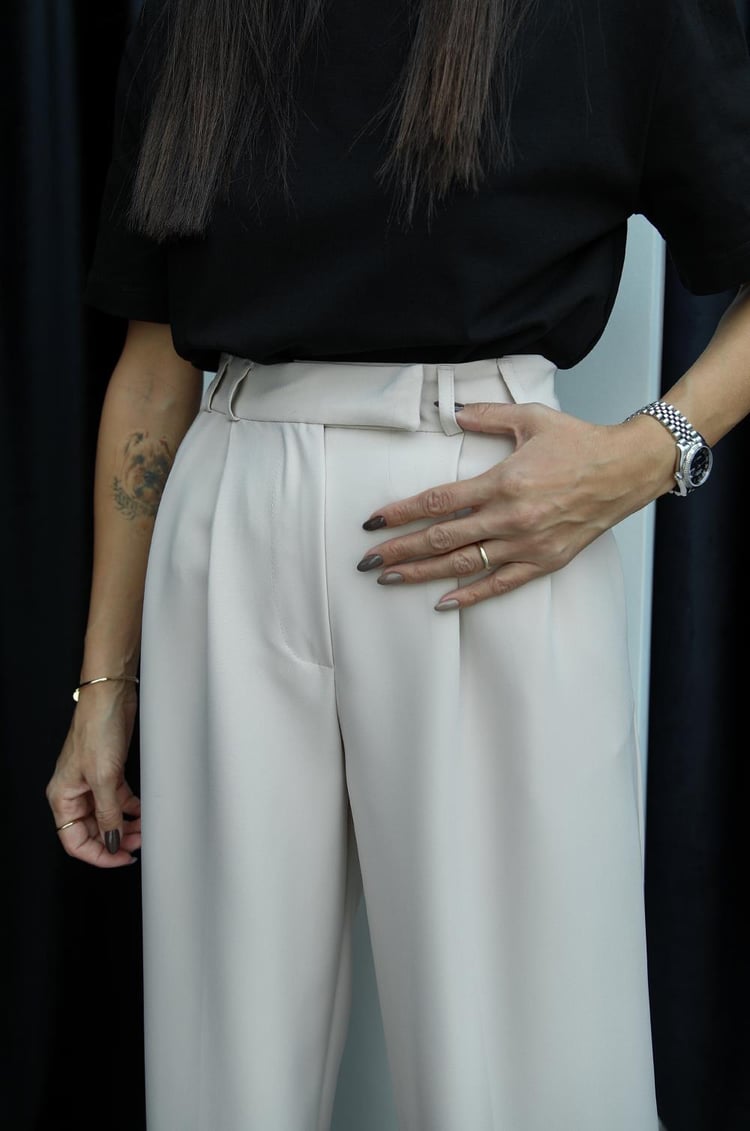 Taş Rengi Pleated Palazzo Pantolon