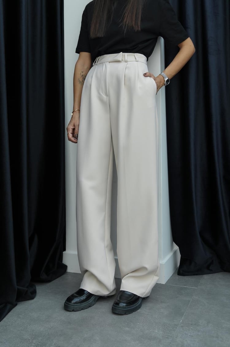 Taş Rengi Pleated Palazzo Pantolon