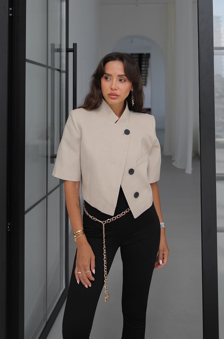 Taş Rengi Valen Keten Kısa Kollu Blazer Ceket