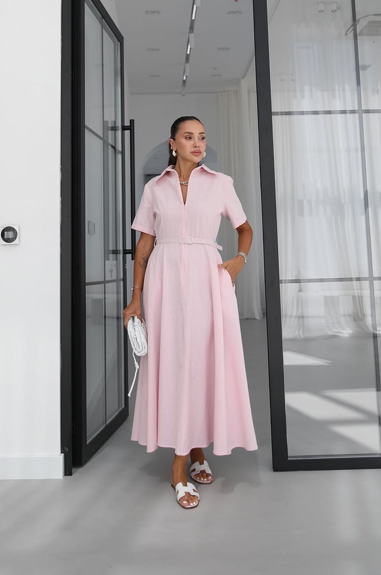 Toz Pembe İnce Kemerli Keten Midi Elbise