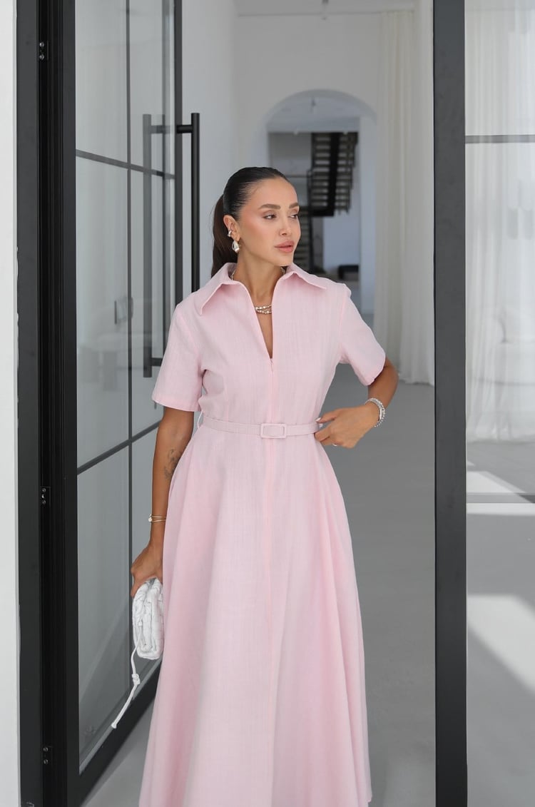 Toz Pembe İnce Kemerli Keten Midi Elbise