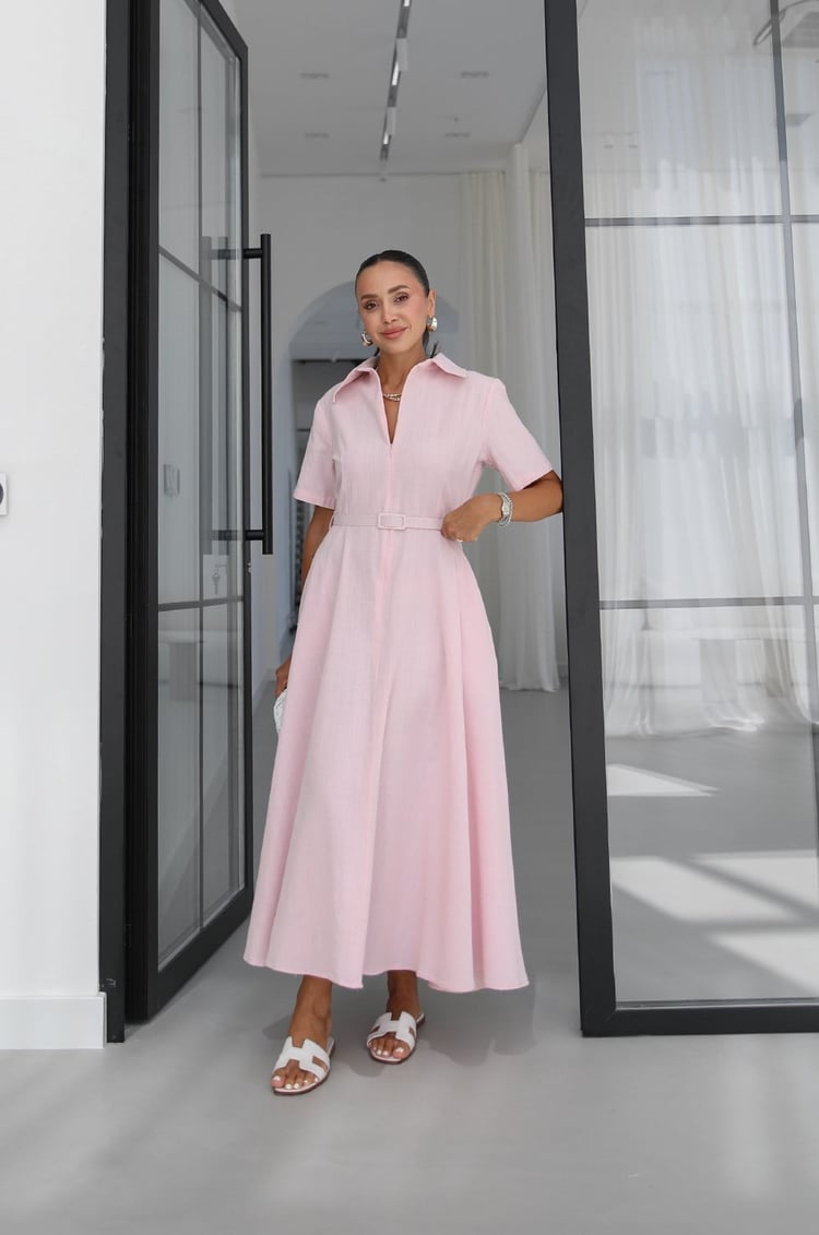 Toz Pembe İnce Kemerli Keten Midi Elbise