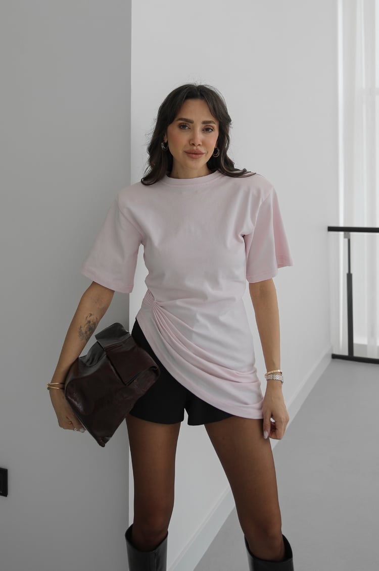 Toz Pembe Yan Büzgü Detaylı Vatkalı Bluz