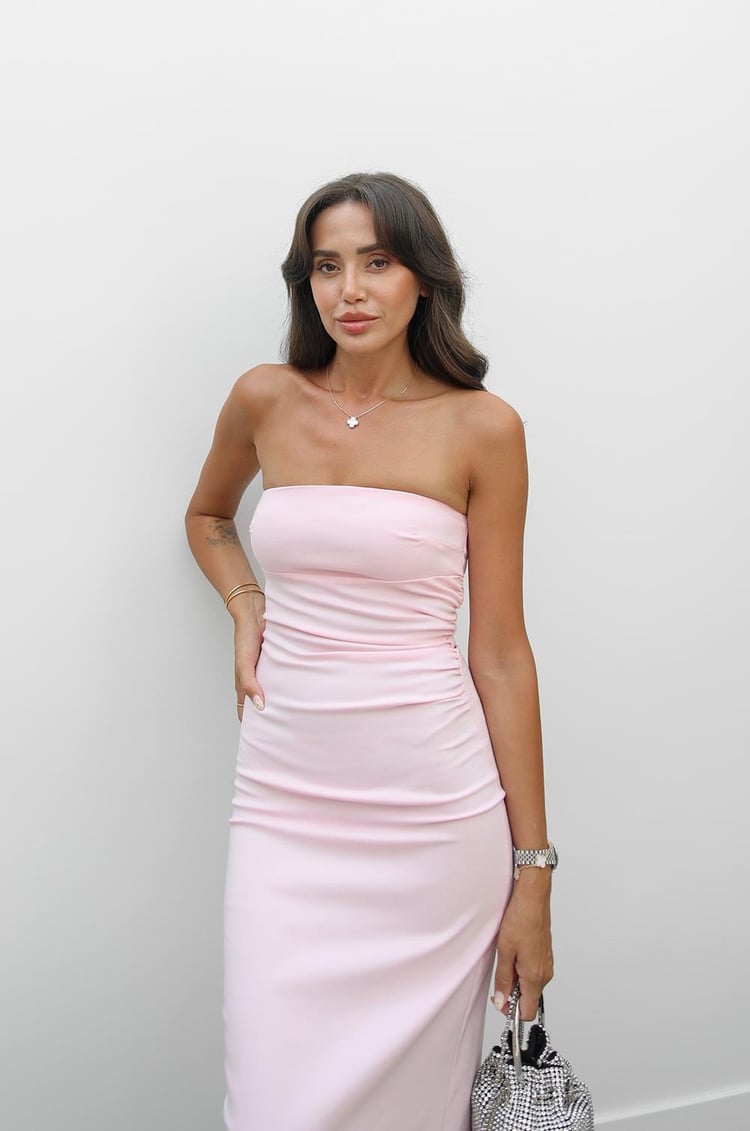 Toz Pembe Yanı Drape Detaylı Staplez Elbise