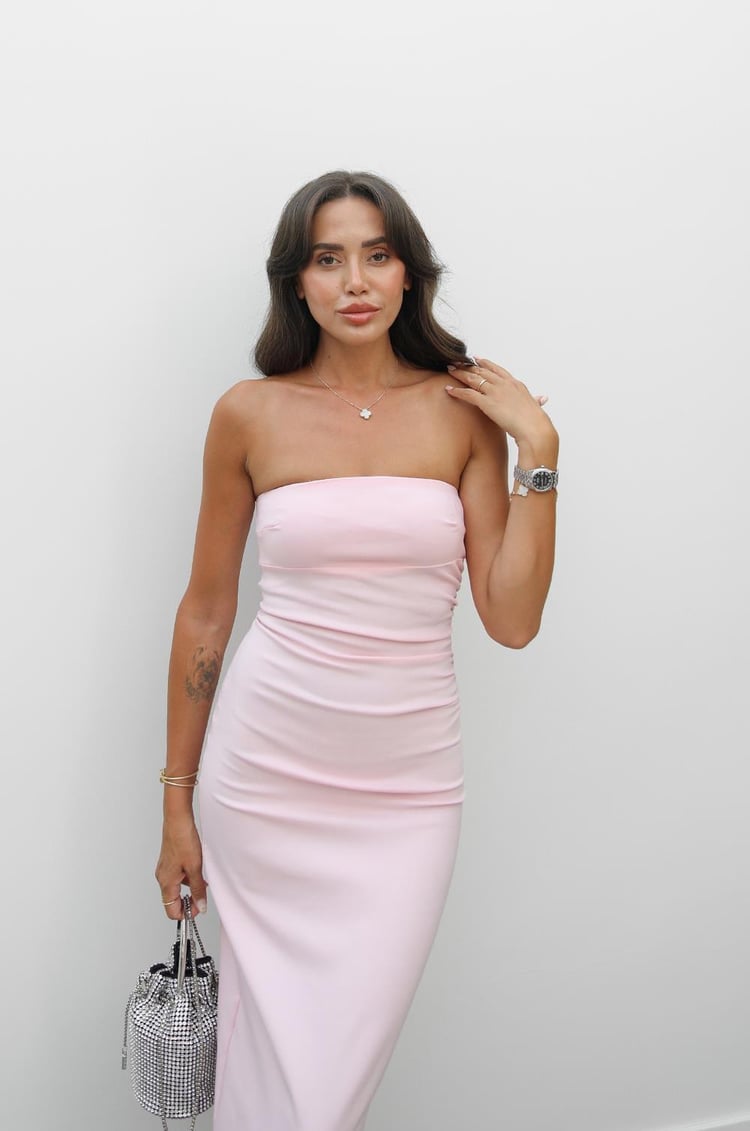 Toz Pembe Yanı Drape Detaylı Staplez Elbise