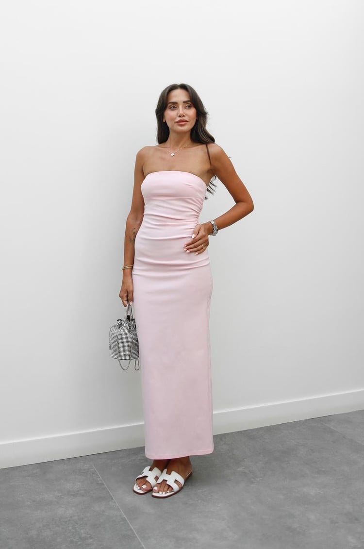 Toz Pembe Yanı Drape Detaylı Staplez Elbise