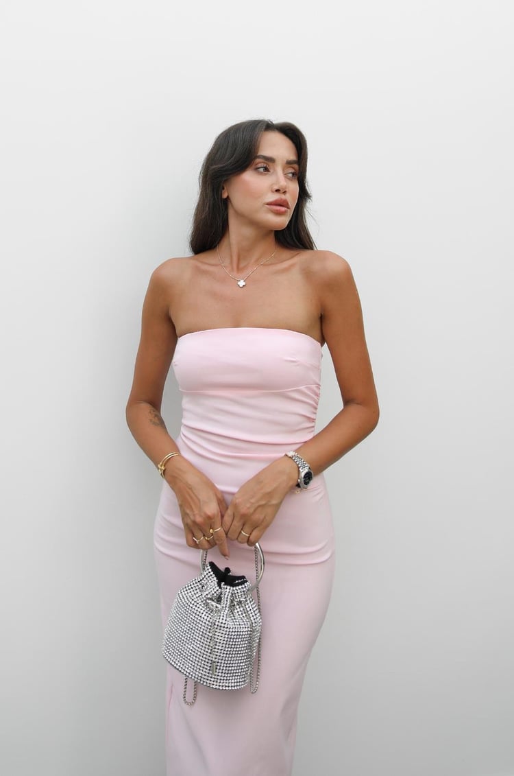 Toz Pembe Yanı Drape Detaylı Staplez Elbise