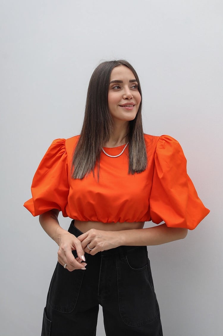 Turuncu Balon Kol Crop Bluz
