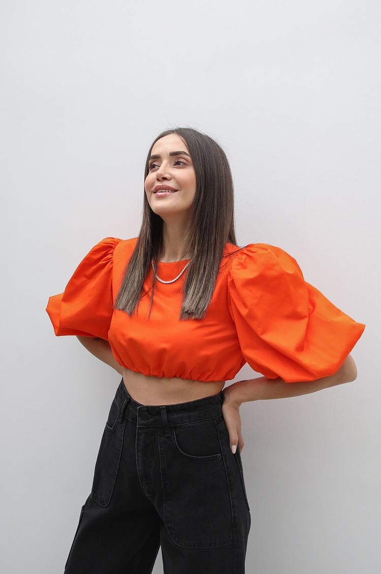 Turuncu Balon Kol Crop Bluz
