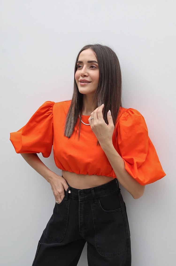 Turuncu Balon Kol Crop Bluz
