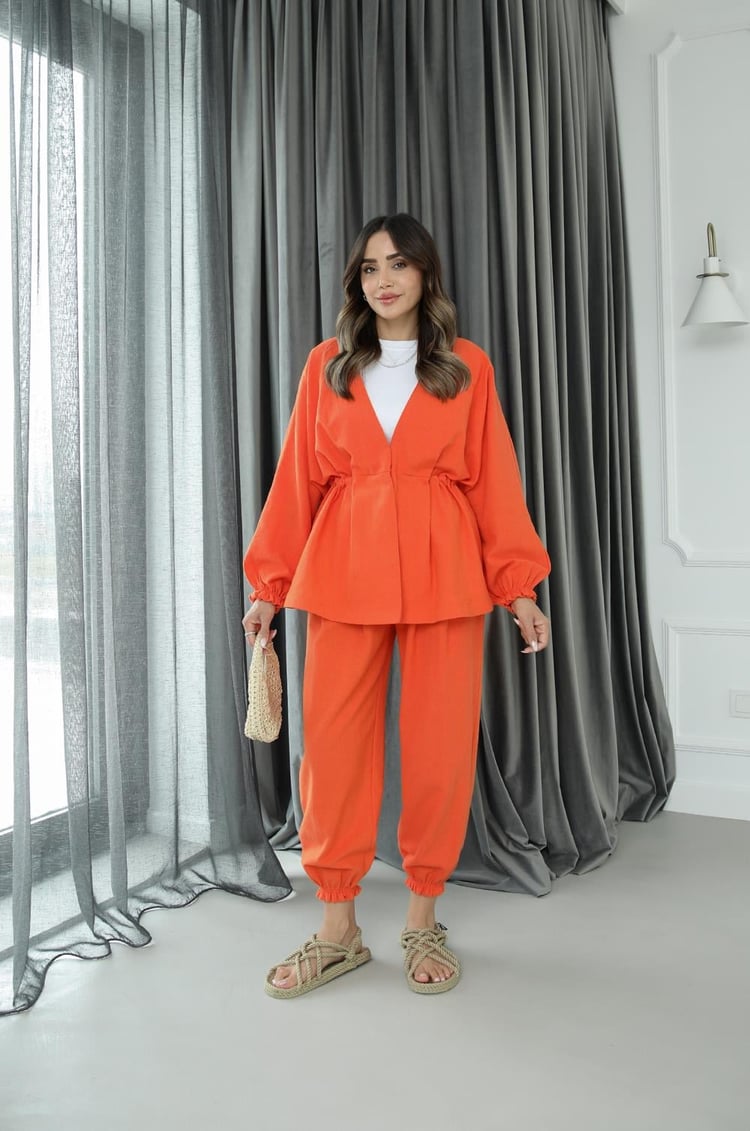 Turuncu Beli Büzgülü Ceket Pantolon Keten Takım