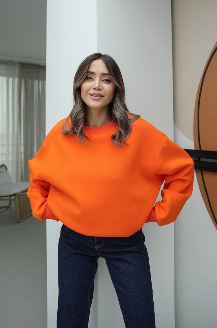 Turuncu Bisiklet Yaka Basic Sweatshirt