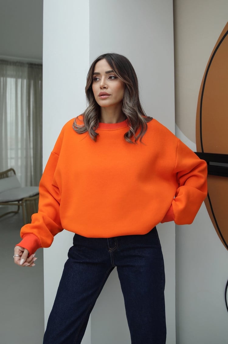 Turuncu Bisiklet Yaka Basic Sweatshirt