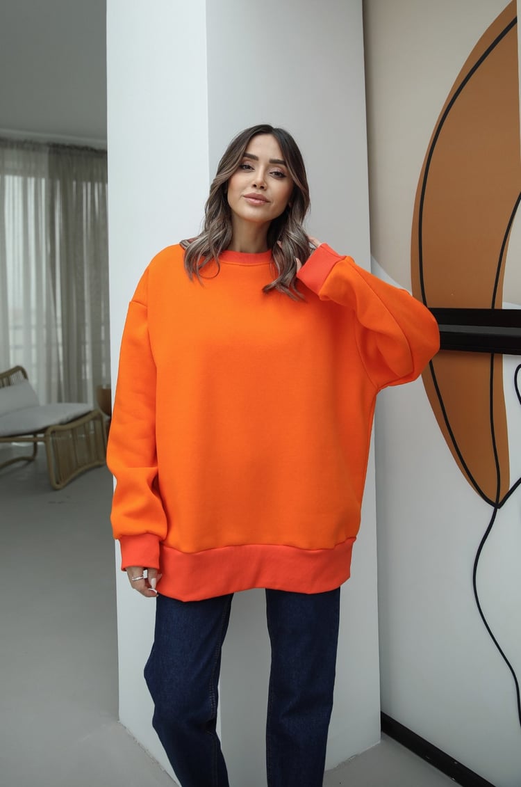 Turuncu Bisiklet Yaka Basic Sweatshirt