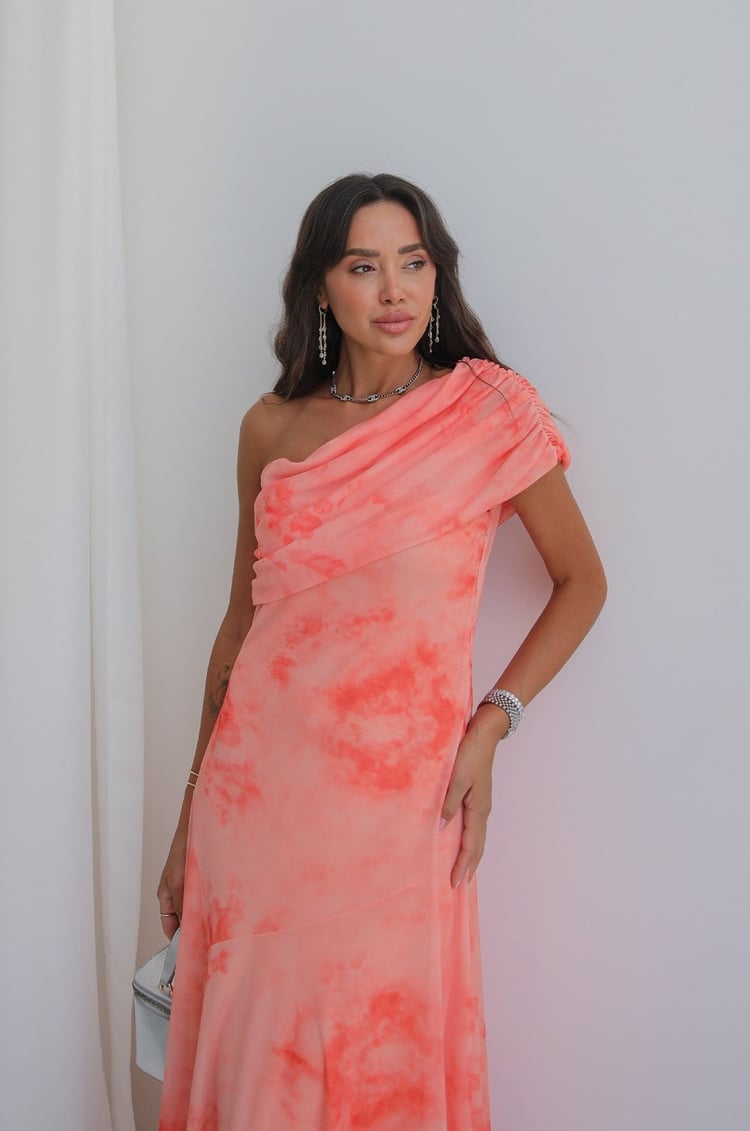 Turuncu Desenli One Shoulder Şifon Elbise