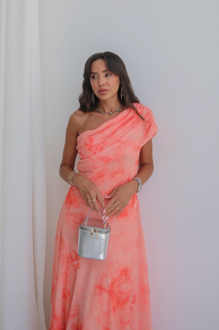 Turuncu Desenli One Shoulder Şifon Elbise