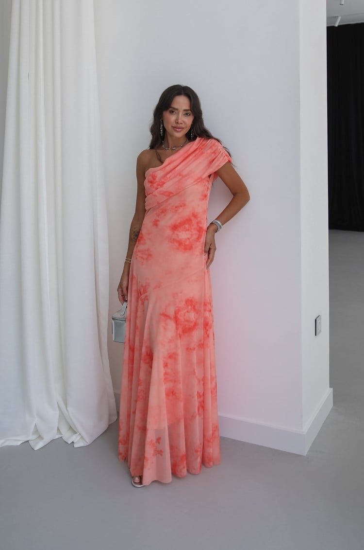 Turuncu Desenli One Shoulder Şifon Elbise