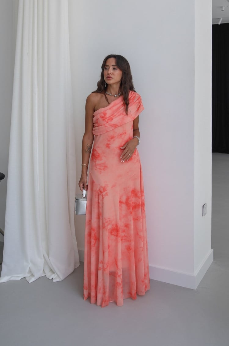 Turuncu Desenli One Shoulder Şifon Elbise