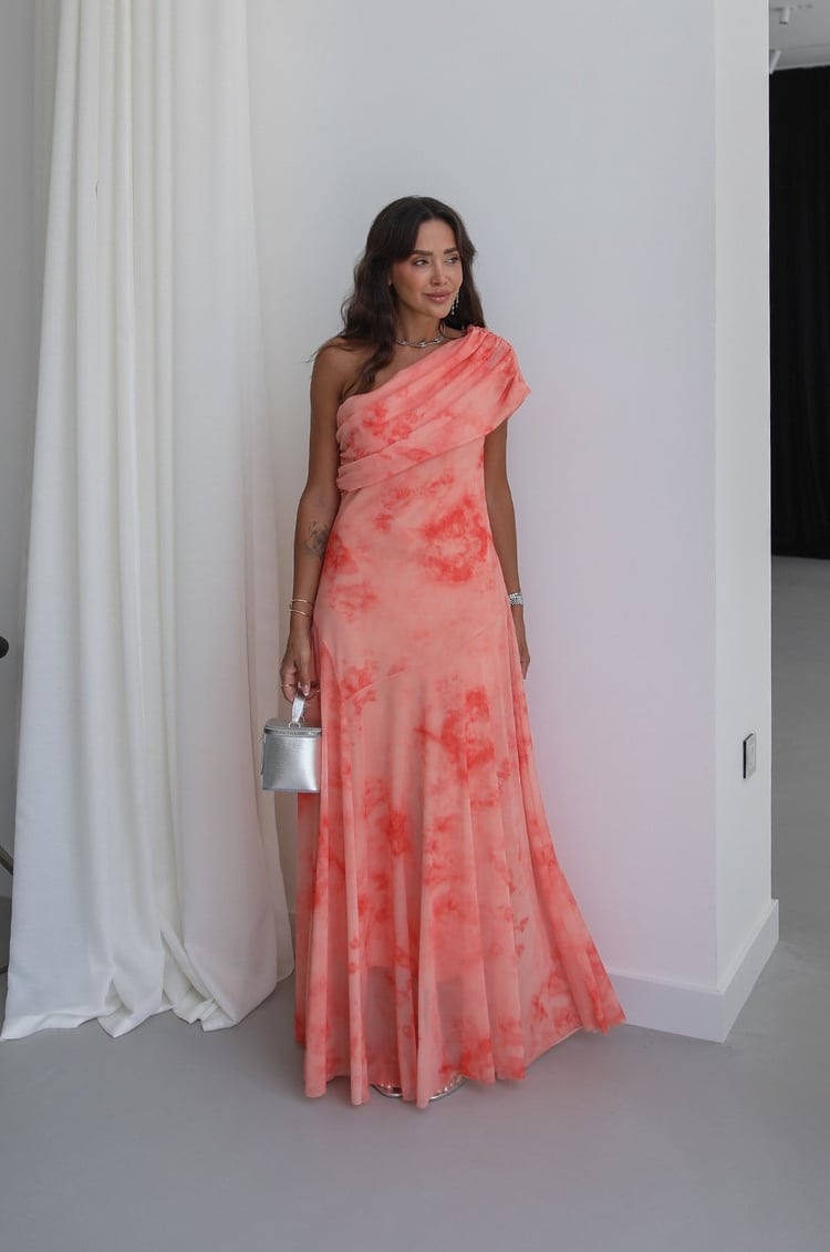 Turuncu Desenli One Shoulder Şifon Elbise