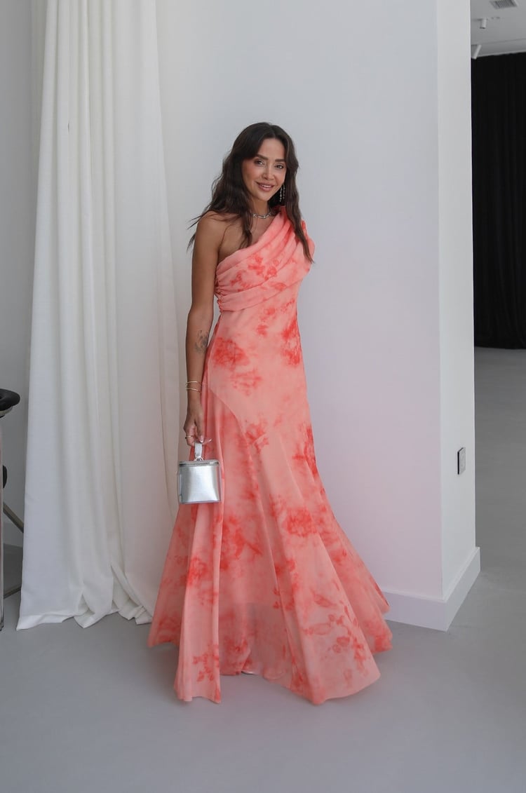 Turuncu Desenli One Shoulder Şifon Elbise