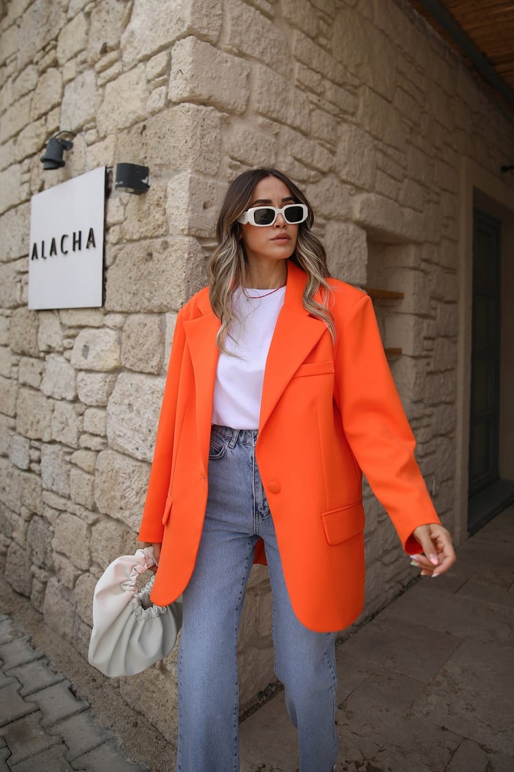 Turuncu Tek Düğmeli Blazer Ceket