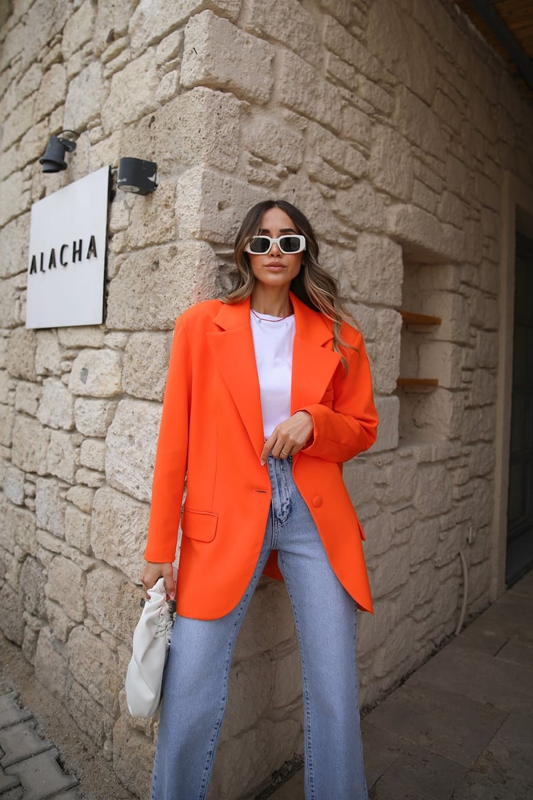 Turuncu Tek Düğmeli Blazer Ceket