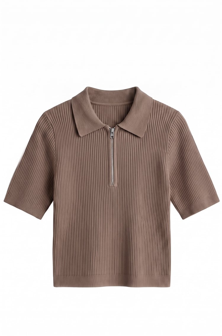Vizon Fermuarlı Polo Yaka Triko Bluz