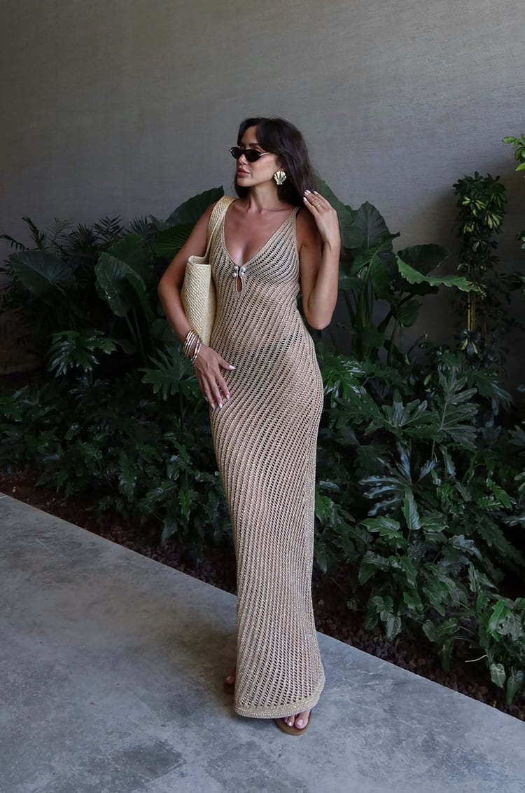 Vizon Pearl Mesh Simli Plaj Elbisesi