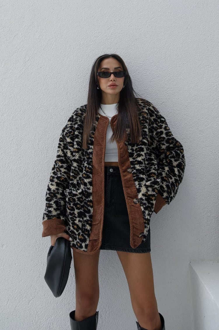 Winona Leopar Desenli Kadife Detaylı Ceket