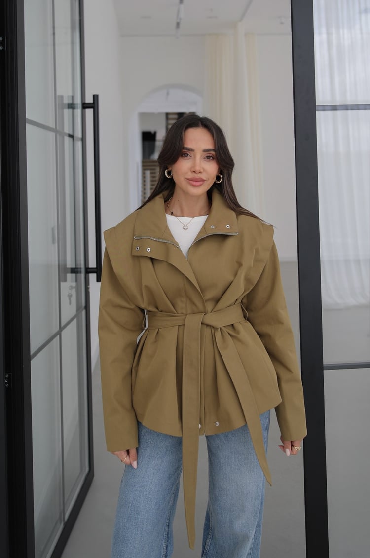 Yağ Yeşili Belted Fermuarlı Trençkot