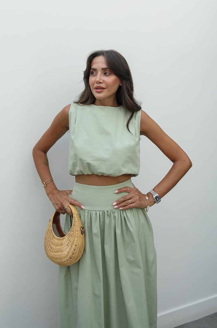 Yeşil Altı Lastiki Crop Etek Takım