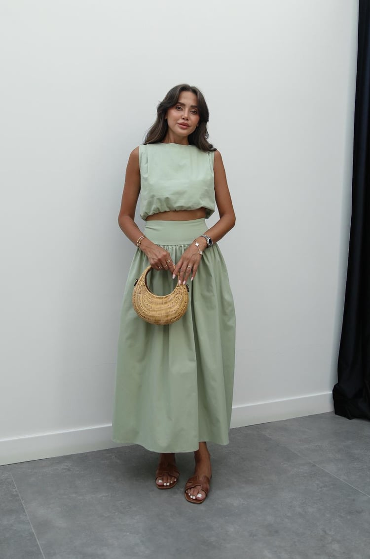 Yeşil Altı Lastiki Crop Etek Takım