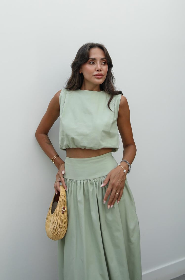 Yeşil Altı Lastiki Crop Etek Takım