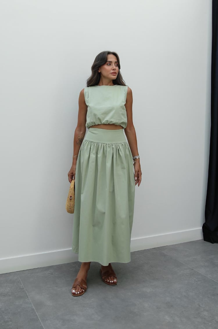 Yeşil Altı Lastiki Crop Etek Takım